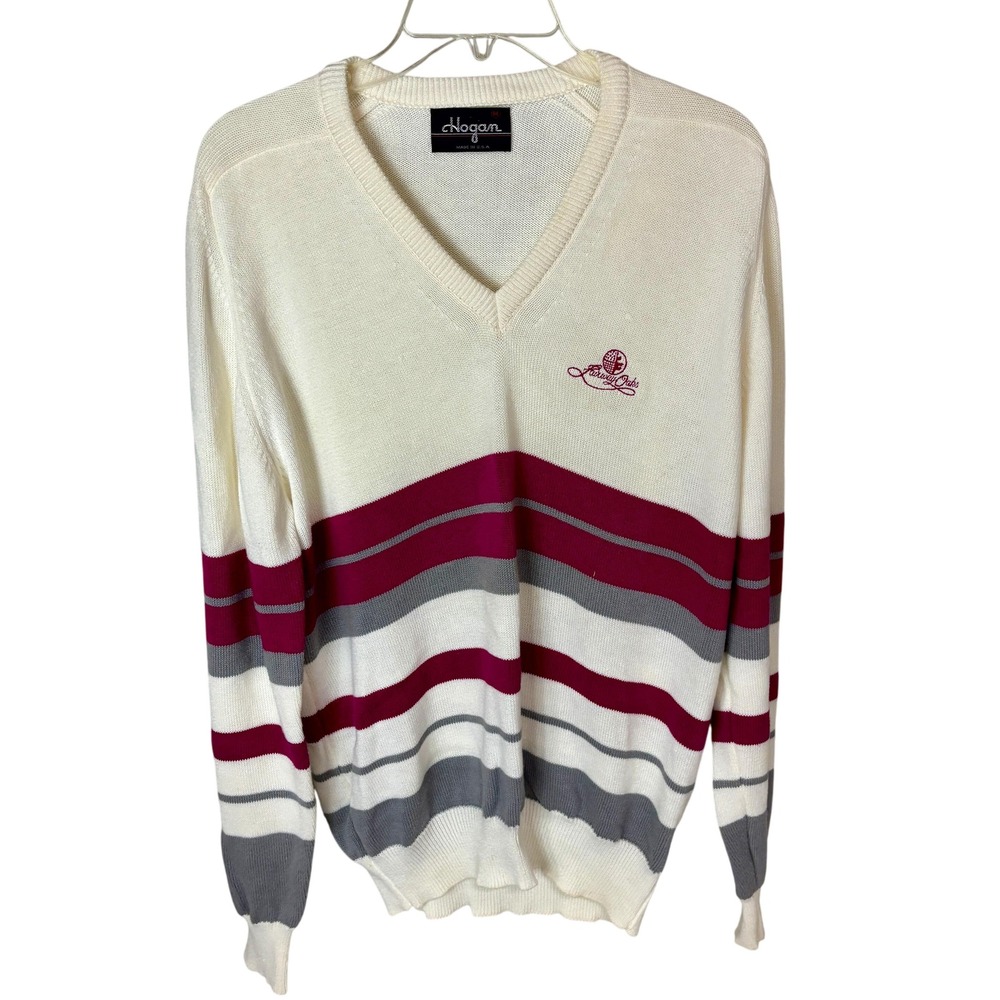 Cute Creamy Colored 90s Cotton Knit V-Neck Horizontal‎ Striped Sweater Medium M